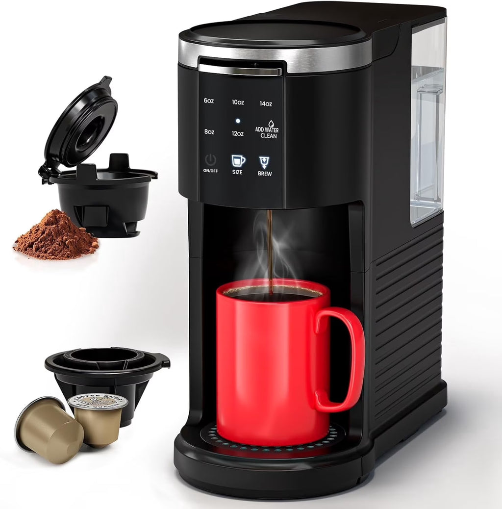 Cafetera De Porción Individual 2 En 1, Taza/Café Molido, 6-14 Oz, Tanque De 40 Oz, Limpieza Automática, Negro
