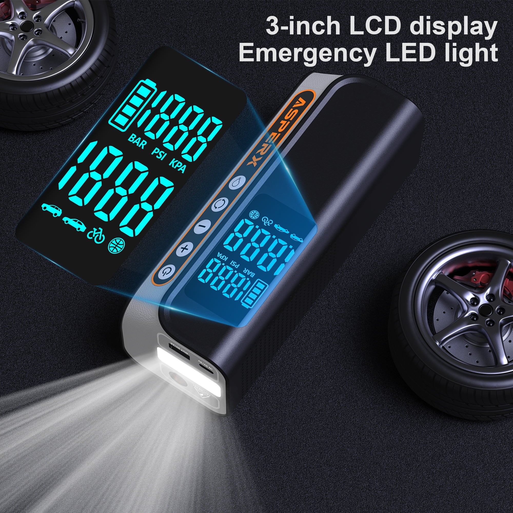 Inflador De Neumáticos Eléctrico, Compresor De Aire Portátil Para Automóvil De 160PSI Con Detección De Presión, Luz LED De Emergencia, Bomba De Neumático Digital - Apagado Automático