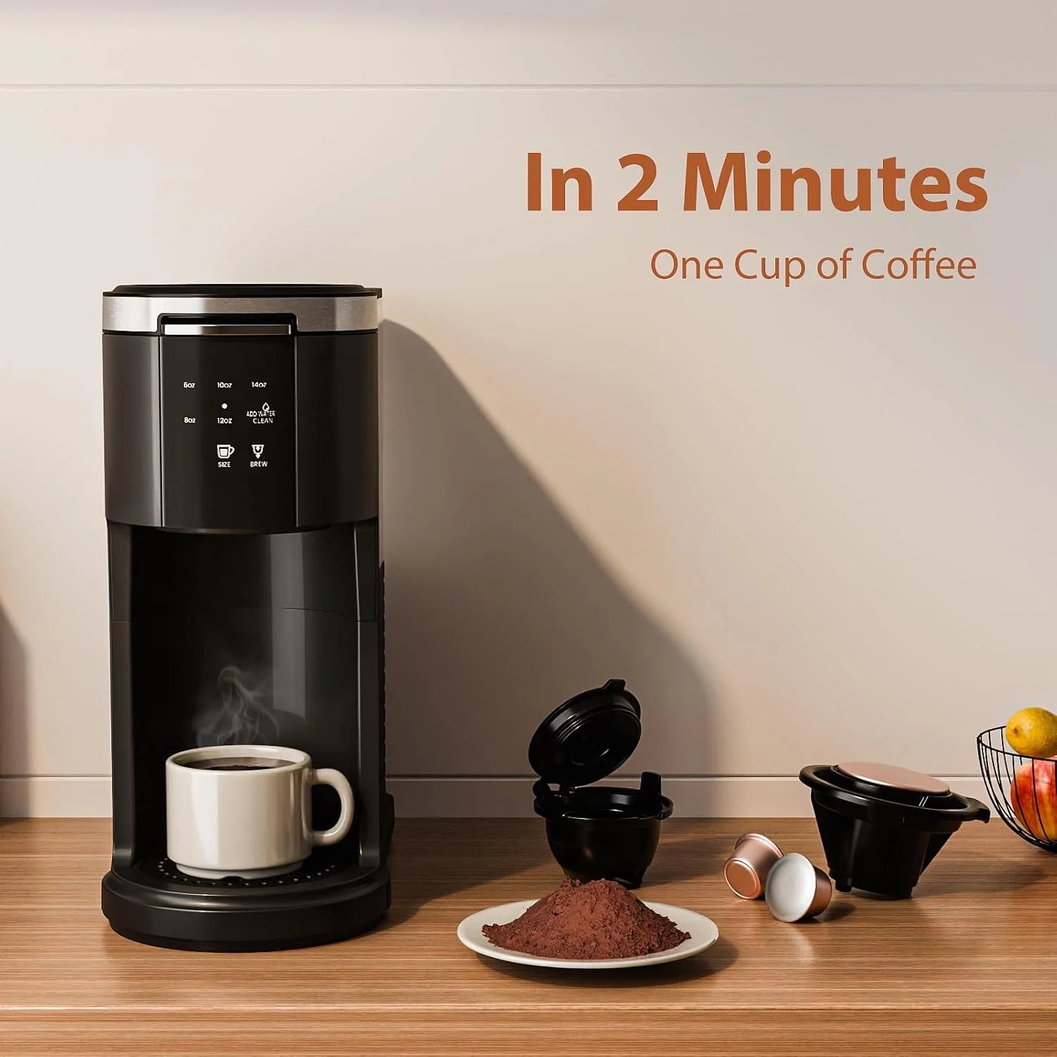 Cafetera De Porción Individual 2 En 1, Taza/Café Molido, 6-14 Oz, Tanque De 40 Oz, Limpieza Automática, Negro