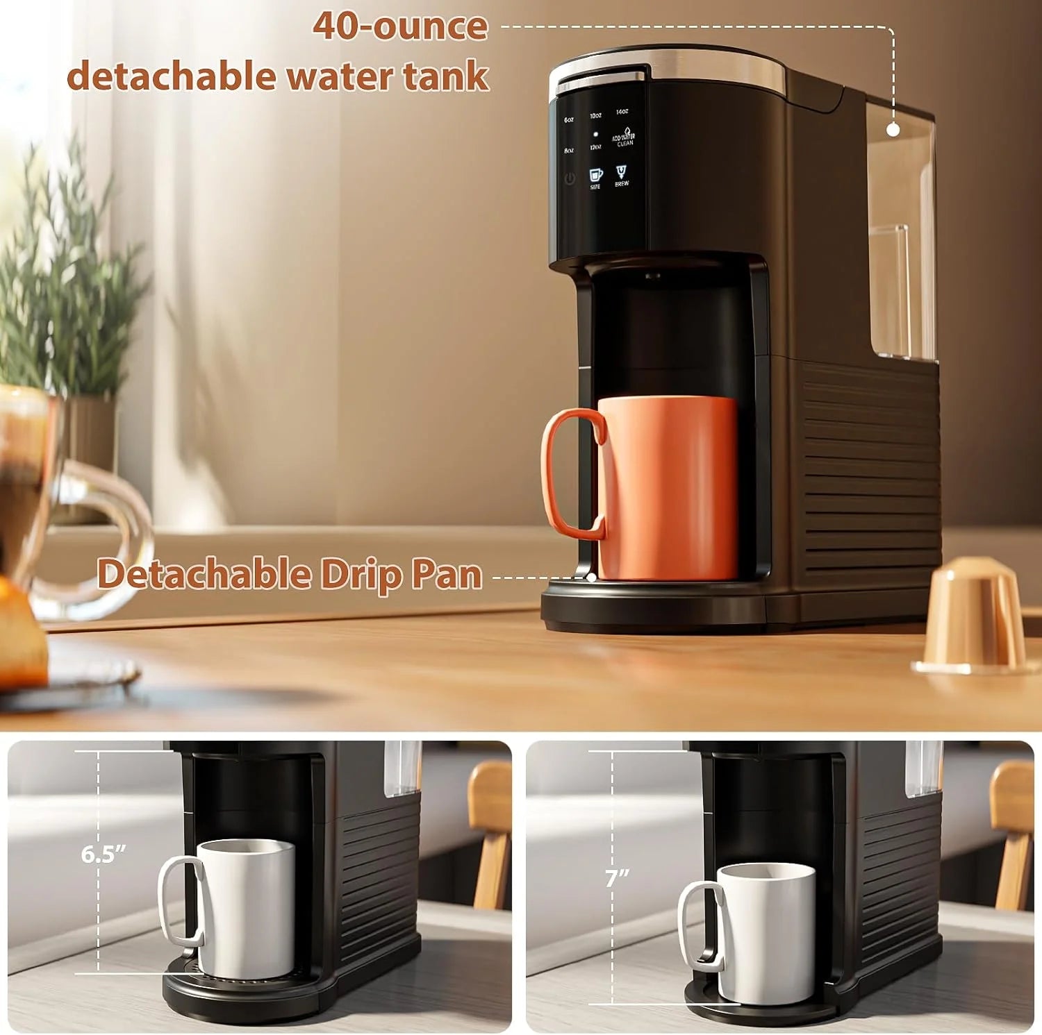 Cafetera De Porción Individual 2 En 1, Taza/Café Molido, 6-14 Oz, Tanque De 40 Oz, Limpieza Automática, Negro